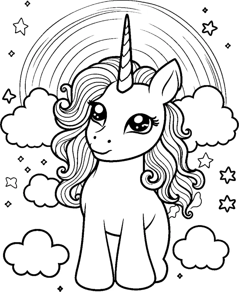 A standing unicorn with a long wavy mane stands beneath a rainbow with clouds around.