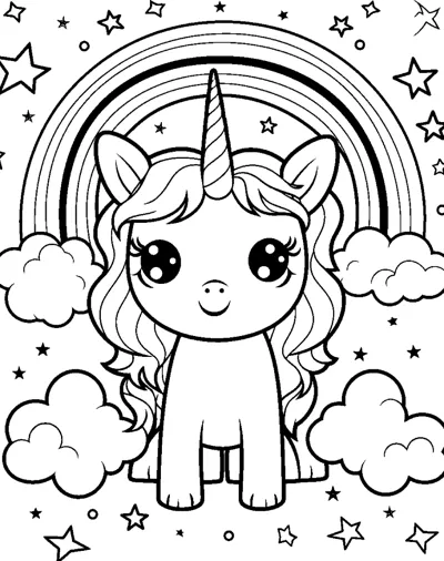 A sitting unicorn with a wavy mane sits under a rainbow with stars and clouds around.