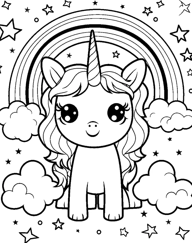 A sitting unicorn with a wavy mane sits under a rainbow with stars and clouds around.