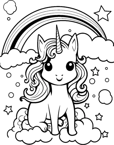 A sitting unicorn with a wavy mane sits on clouds beneath a rainbow arch with stars.