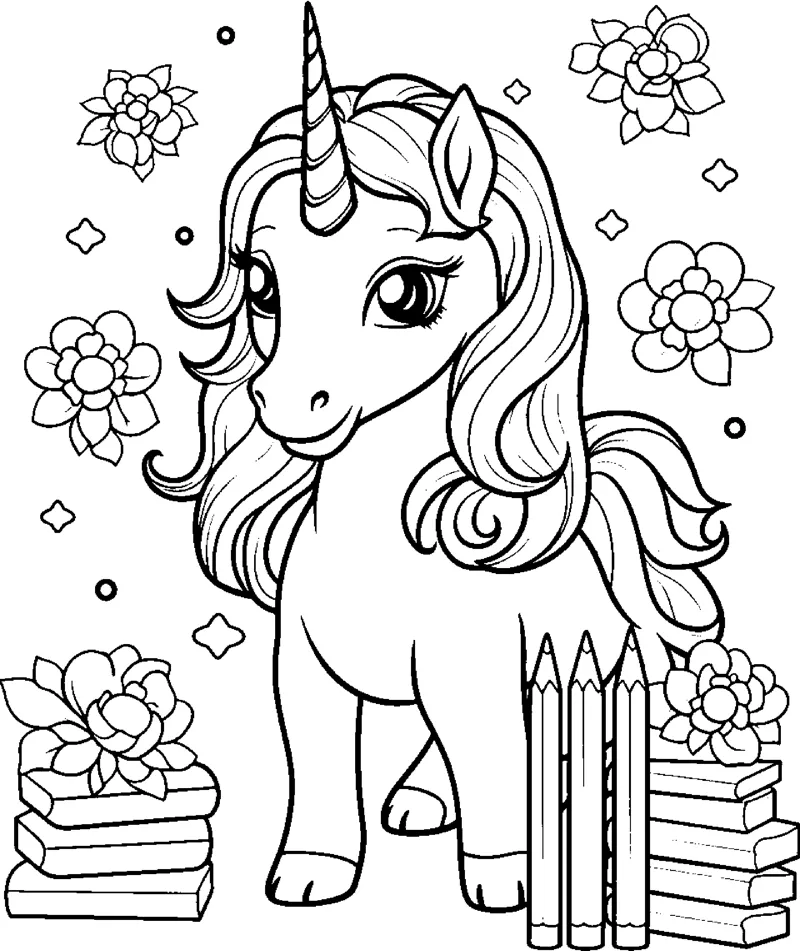 A standing unicorn stands beside stacks of books and a row of pencils, with flowers around.