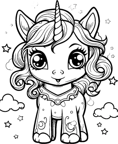 A standing unicorn with a curly mane wears a patterned sweater with a collar, clouds around.