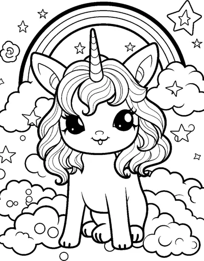 A sitting unicorn with a wavy mane sits under a rainbow with bubbles and clouds around.