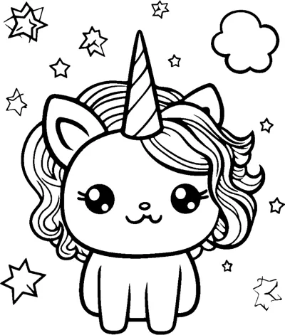 A small kitten-like chibi unicorn sits facing forward with a few stars and clouds around.
