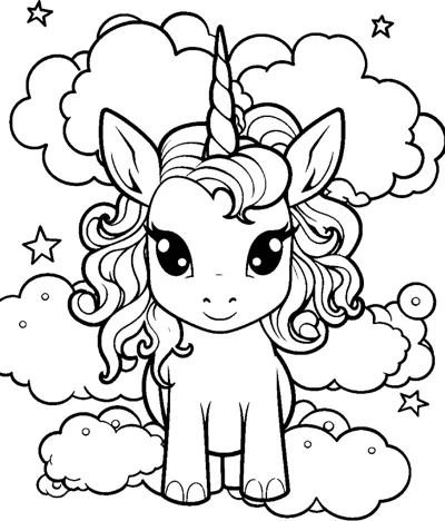 A sitting unicorn with a curly mane sits on clouds with more clouds around.