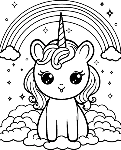 A sitting unicorn with a swirled mane sits on fluffy clouds under a rainbow with stars.