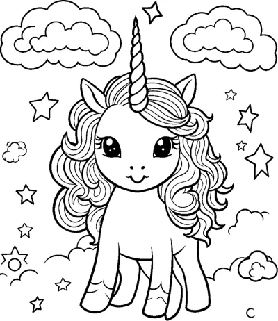 A standing unicorn with a curly mane stands among clouds and stars.