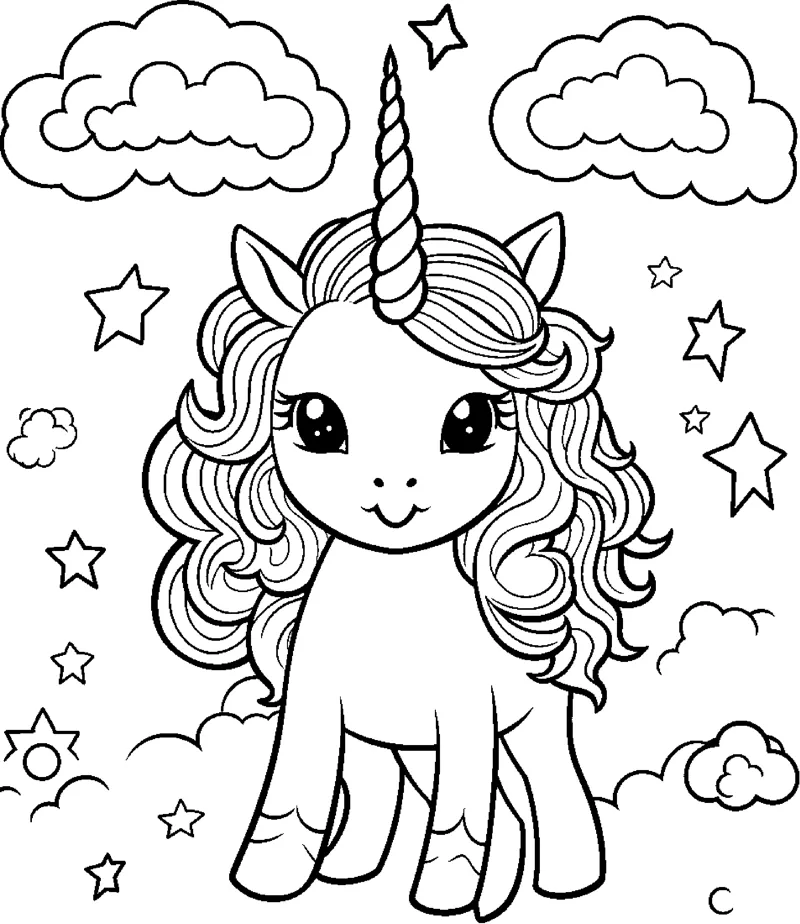 A standing unicorn with a curly mane stands among clouds and stars.