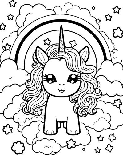 A sitting unicorn with blushing cheeks sits beneath a rainbow with clouds and stars.