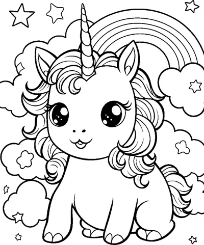 A sitting unicorn with a wavy mane sits below a rainbow with clouds and stars around.