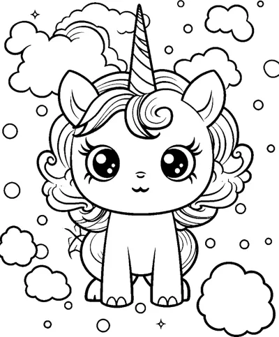 A sitting unicorn with a swirled mane sits among clouds, bubbles and stars.
