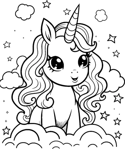 A sitting unicorn with a wavy mane sits on a cloud with stars and clouds around.