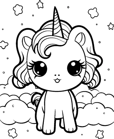 A small chibi unicorn with a short mane stands among clouds and stars.