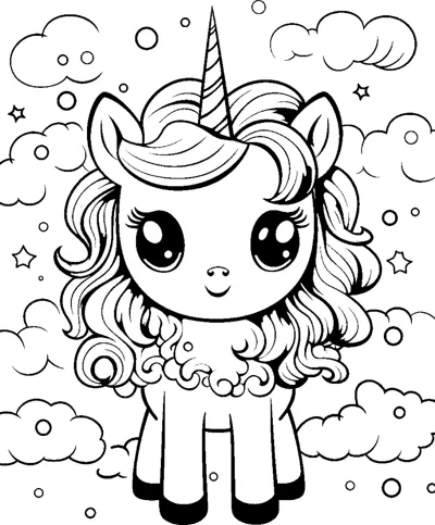 A standing unicorn with a wavy mane and dark hooves stands among clouds and stars.