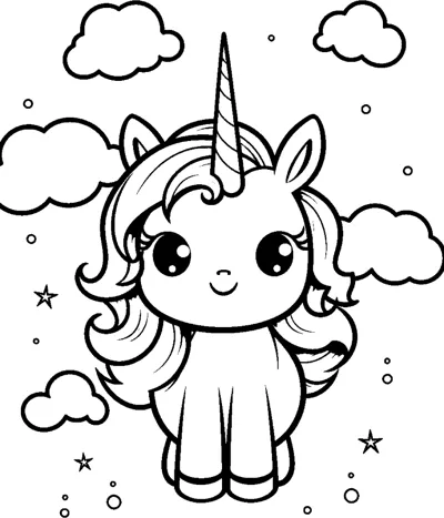 A standing unicorn with a wavy mane stands among bold outlined clouds and stars.