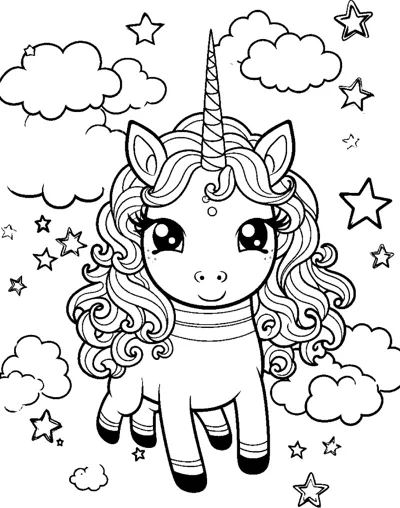 A standing unicorn with a curly mane and striped hooves stands among clouds and stars.