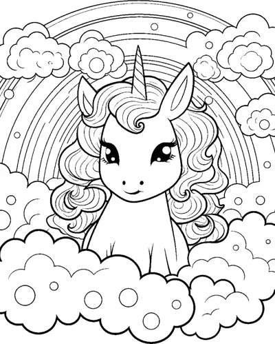 A sitting unicorn with a wavy mane sits on bubbly clouds beneath a rainbow.