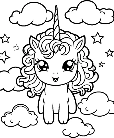A sitting unicorn with a curly mane sits among clouds and stars.