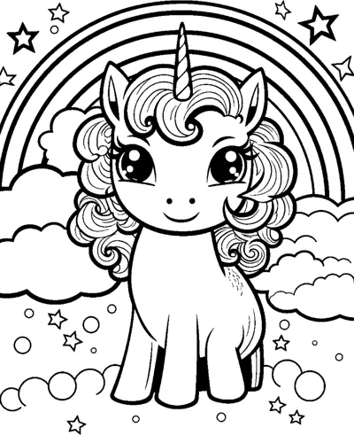 A sitting unicorn with a curly mane sits under a rainbow with clouds and stars around.