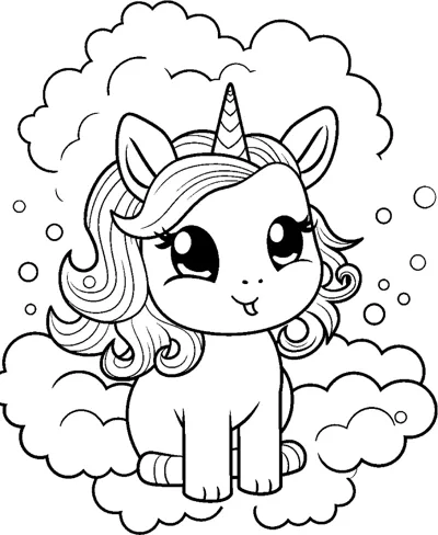 A sitting unicorn with a swept mane sits on big fluffy clouds with bubbles around.