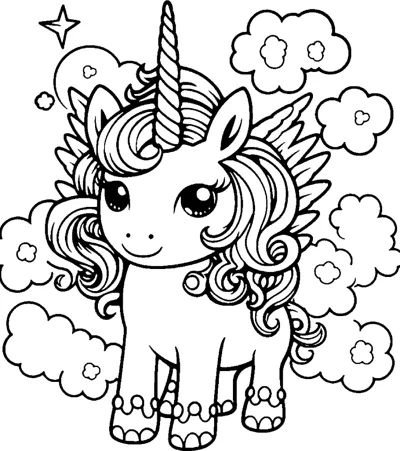 A standing unicorn with a wild mane stands among clouds dotted with flowers and stars.