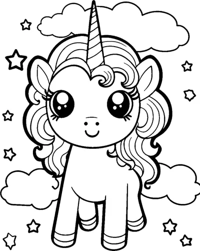 A standing unicorn with a wavy mane stands among bold clouds and stars.