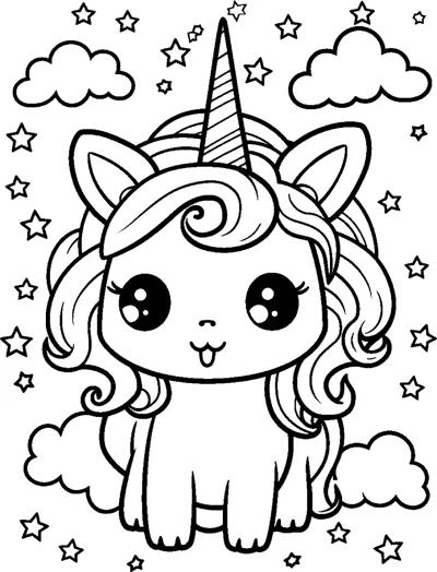 A small sitting chibi unicorn with a swirl mane sits among clouds and stars.