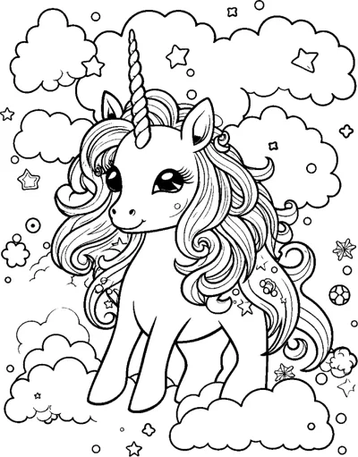 A standing unicorn with a long flowing mane stands among clouds and many stars.