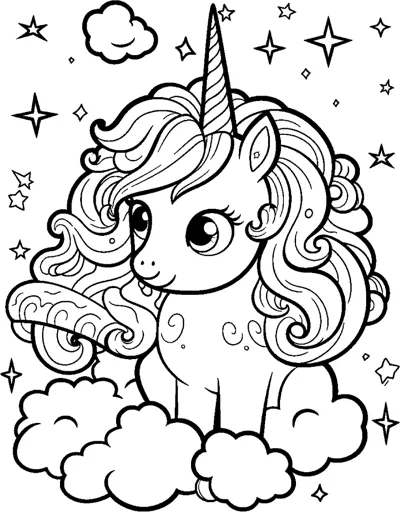 A sitting unicorn with a flowing mane sits among swirls, clouds and stars.