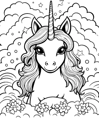A close-up unicorn head with a long mane, a rainbow behind it and flowers below.