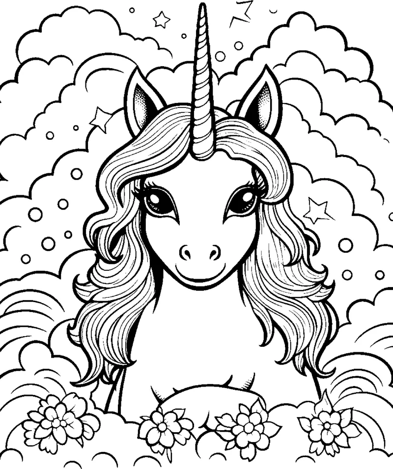 A close-up unicorn head with a long mane, a rainbow behind it and flowers below.