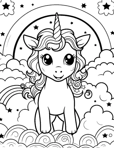 A big-eyed baby unicorn with curly mane stands on clouds beneath a rainbow arch with stars.
