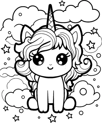 A round baby unicorn with a flowing mane sits on a cloud surrounded by stars and small clouds.
