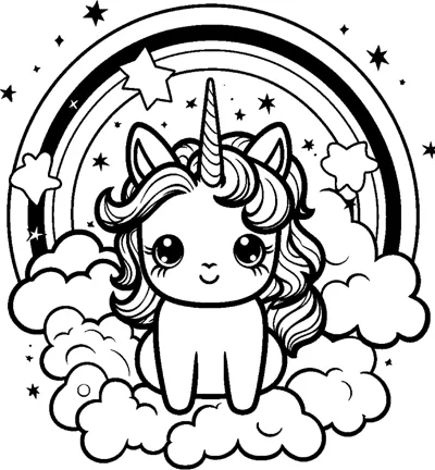 A small unicorn sits on clouds under a rainbow arch with a shooting star above it.