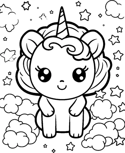 A very round baby unicorn with a short curly mane sits with stars and clouds floating around it.