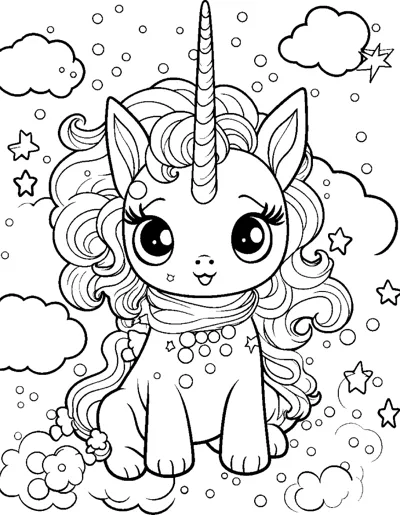 A big-eyed unicorn with a long swirly mane and a beaded necklace sits among flowers and sparkles.
