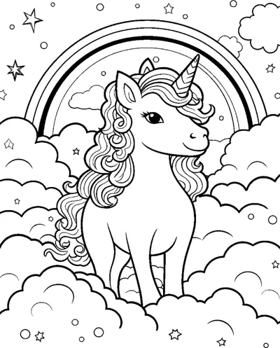A unicorn with a long curly mane walks through thick clouds with a rainbow arching overhead.