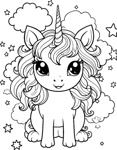 A sitting unicorn with a very big curly mane is framed by fluffy clouds and stars.