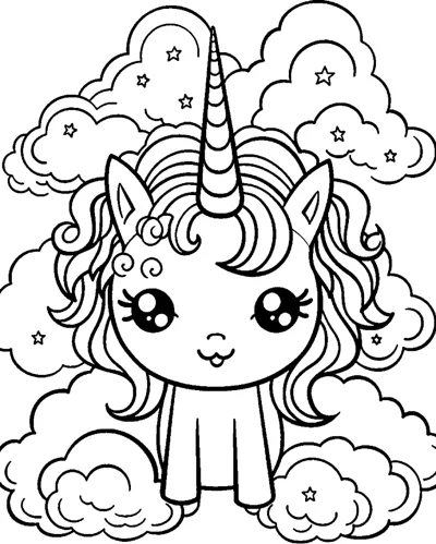 A unicorn with a round face and curly mane sits among many puffy clouds and small stars.