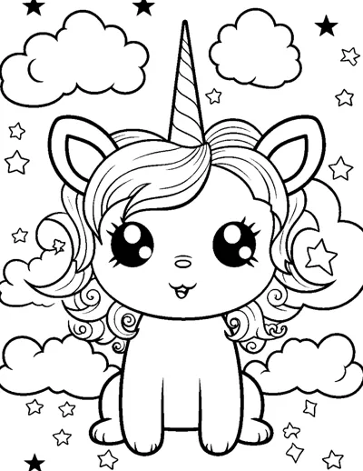 A wide-eyed unicorn with a wavy mane sits on a cloud with clouds and stars around.