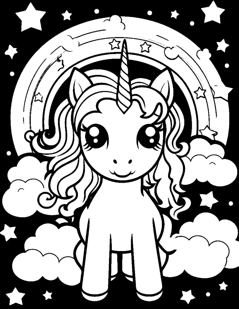 A unicorn with a curly mane stands on clouds under a rainbow against a black starry night sky.