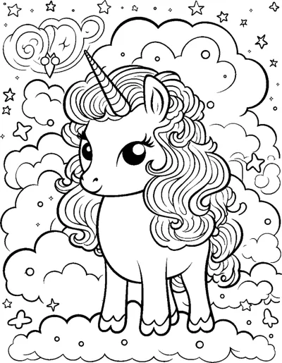 A standing unicorn with long flowing curls stands on clouds with a cloudy, starry sky behind.