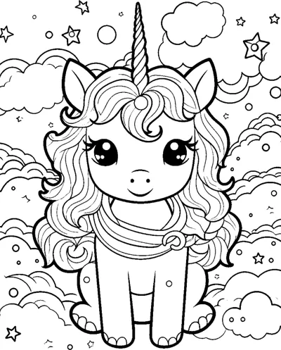 A sitting unicorn with a wavy mane sits beneath clouds with swirls, stars and bubbles in the sky.