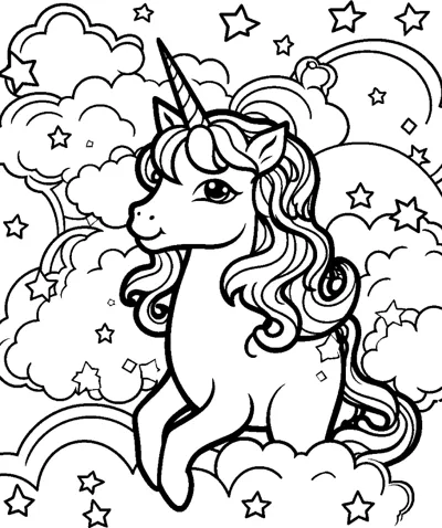A unicorn with a long swirling mane turns its head among clouds, stars and a rainbow.