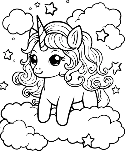 A unicorn with a curly mane lies on a cloud with more clouds and stars around it.
