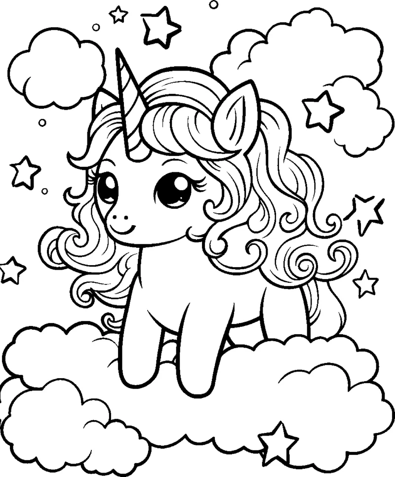 A unicorn with a curly mane lies on a cloud with more clouds and stars around it.