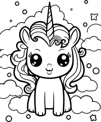 A big-eyed unicorn with a long wavy mane sits among clouds, stars and little circles.