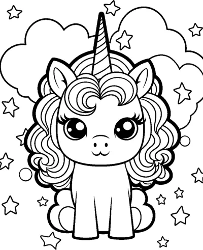 A unicorn with a very fluffy curly mane sits with clouds and stars around it.