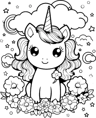 A unicorn with a wavy mane sits among flowers with a crescent moon and clouds above.