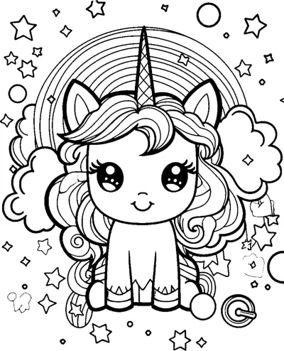 A sitting unicorn with a long mane sits beneath a rainbow with clouds, bubbles and stars around.